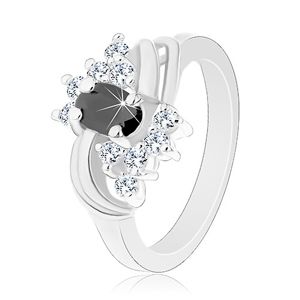Prsten ve stříbrném odstínu s hladkými lesklými oblouky, černo-čiré zirkony - Velikost: 57