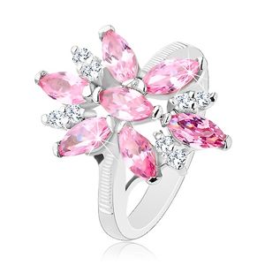 Prsten ve stříbrném odstínu, velký květ s růžovými a čirými lupínky - Velikost: 56