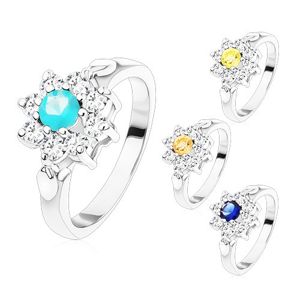 Prsten ve stříbrném odstínu, zirkonový květ s barevným středem, lístečky - Velikost: 48, Barva: Aqua modrá