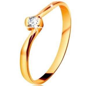 Prsten ve žlutém 14K zlatě - čirý diamant mezi zahnutými konci ramen - Velikost: 57