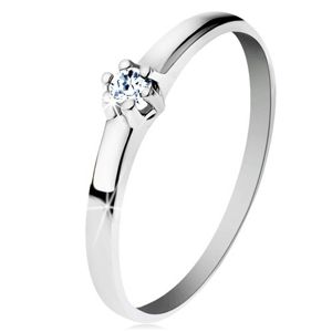 Prsten z bílého 14K zlata - lesklá hladká ramena, zářivý čirý diamant - Velikost: 56