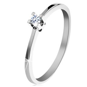 Prsten z bílého 14K zlata - tenká lesklá ramena, blýskavý čirý diamant - Velikost: 60