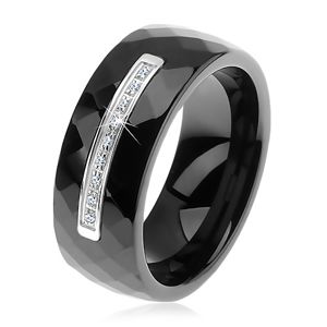 Prsten z černé keramiky s broušeným povrchem, tenký ocelový pás, zirkony - Velikost: 63