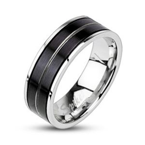 Prsten z chirurgické oceli - černá barva, vygravírovaná linie - Velikost: 67
