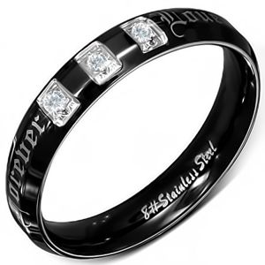Prsten z chirurgické oceli, černý, lesklý, zirkony, Forever Love  - Velikost: 55