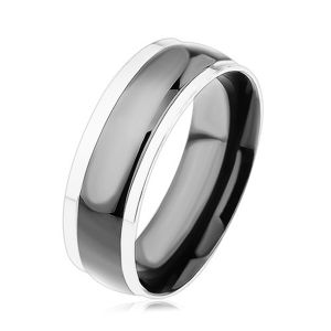 Prsten z chirurgické oceli, černý vypouklý pás, okraje ve stříbrné barvě - Velikost: 64