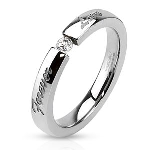 Prsten z chirurgické oceli, čirý zirkon, gravírovaný nápis Forever love - Velikost: 50