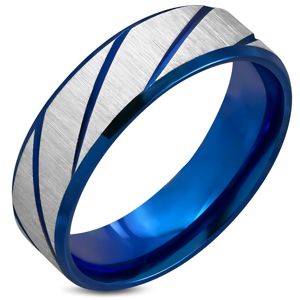 Prsten z chirurgické oceli, drsný povrch, tmavě modré šikmé zářezy, 7 mm - Velikost: 59