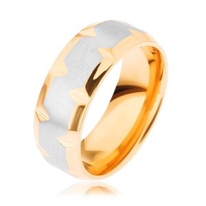 Prsten z chirurgické oceli, dvoubarevný - zlatý a stříbrný odstín, zářezy - Velikost: 61