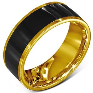 Prsten z chirurgické oceli - hladký černý kroužek, zlatý lem - Velikost: 57