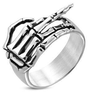 Prsten z chirurgické oceli - kostra ruky se zdviženým prstem, patina - Velikost: 55