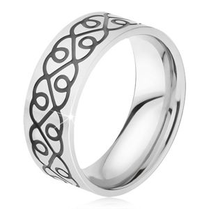 Prsten z chirurgické oceli - lesklá obroučka, černý ornament ze srdcí - Velikost: 59