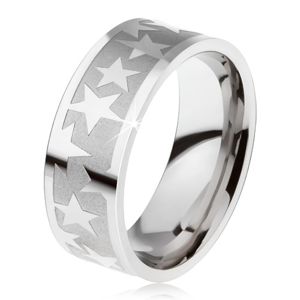 Prsten z chirurgické oceli, matný gravírovaný pás, lesklé hvězdy - Velikost: 60