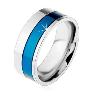 Prsten z chirurgické oceli, pásy modré a stříbrné barvy, 8 mm - Velikost: 58