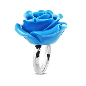 Prsten z chirurgické oceli - růže v rozkvětu, lesklá modrá pryskyřice - Velikost: 54