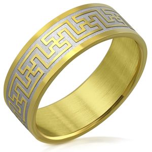 Prsten z chirurgické oceli s dvoubarevným motivem řeckého klíče, 8 mm - Velikost: 53