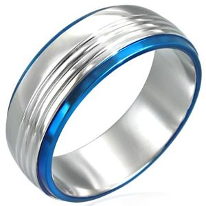Prsten z chirurgické oceli se dvěma modrými pruhy - Velikost: 59