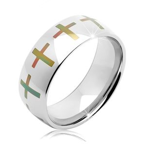 Prsten z chirurgické oceli stříbrné barvy, barevné kříže po obvodu, 8 mm - Velikost: 62