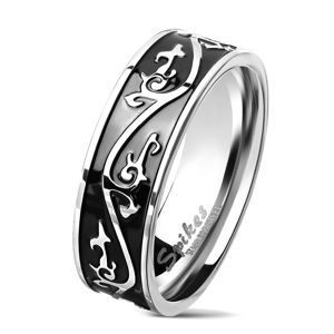 Prsten z chirurgické oceli stříbrné barvy, černý pás zdobený ornamentem, 7 mm - Velikost: 60
