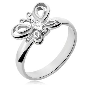 Prsten z chirurgické oceli stříbrné barvy, motýlek, čirý zirkon - Velikost: 58