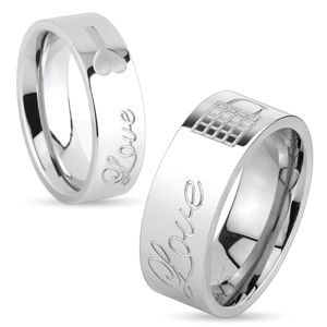 Prsten z chirurgické oceli stříbrné barvy, nápis Love a klíček, 6 mm - Velikost: 51