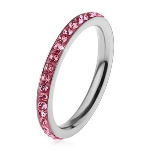 Prsten z chirurgické oceli stříbrné barvy, zářivé zirkonky v růžovém odstínu - Velikost: 52