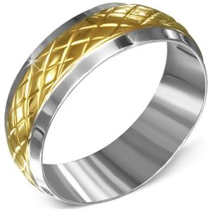 Prsten z chirurgické oceli, stříbrný se zlatým kosočtvercovým pásem - Velikost: 60