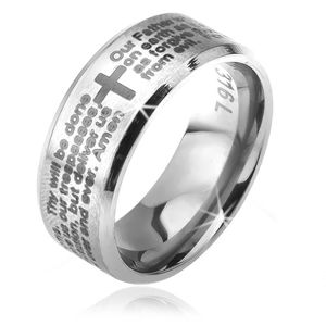 Prsten z chirurgické oceli - stříbrný, zkosené okraje, modlitba Otčenáš - Velikost: 62