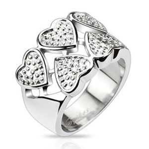 Prsten z chirurgické oceli - střídavá stříbrná srdce s tečkami - Velikost: 57