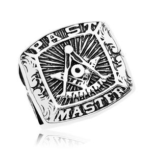 Prsten z chirurgické oceli, symboly svobodných zednářů a nápis, černá patina - Velikost: 60