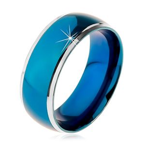 Prsten z chirurgické oceli, zaoblený modrý pruh, lemy stříbrné barvy, 8 mm - Velikost: 71