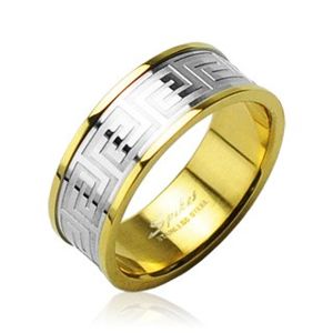 Prsten z chirurgické oceli zlaté barvy se středovým pruhem stříbrné barvy - Velikost: 52