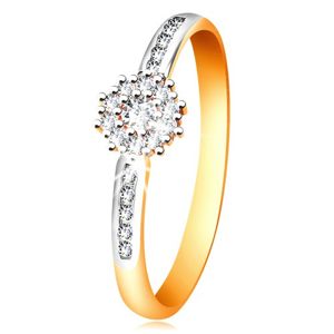 Prsten z kombinovaného 14K zlata - čirý blýskavý kvítek, zirkonová ramena - Velikost: 58