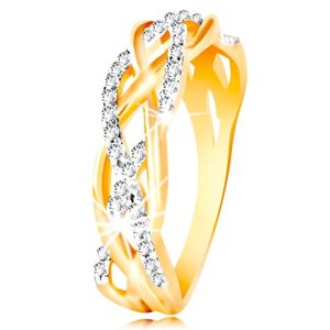 Prsten z kombinovaného 14K zlata - propletené hladké a zirkonové linie - Velikost: 57
