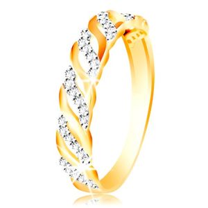 Prsten z kombinovaného zlata 585 - hladké a zirkonové vlnky - Velikost: 52