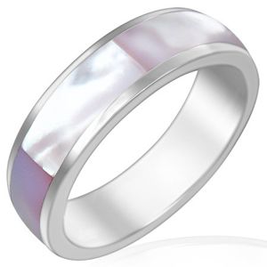 Prsten z lesklé oceli s růžovou perletí - Velikost: 57