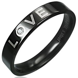 Prsten z nerezavějící oceli - LOVE, lesklá černá barva - Velikost: 49