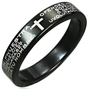 Prsten z nerezové oceli - černý s potiskem modlitby a křížem - Velikost: 56
