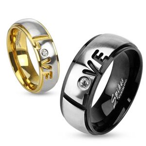 Prsten z oceli 316L, černá a stříbrná barva, nápis Love, čirý zirkon, 8 mm - Velikost: 65
