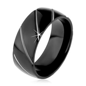 Prsten z oceli 316L černé barvy, diagonální pásy ve stříbrném odstínu, 8 mm - Velikost: 59