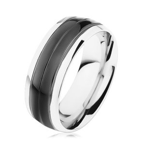 Prsten z oceli 316L, černý pás, lemy stříbrné barvy, vysoký lesk - Velikost: 64