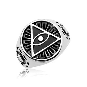 Prsten z oceli 316L, černý patinovaný kruh a trojúhelník s okem - Velikost: 63