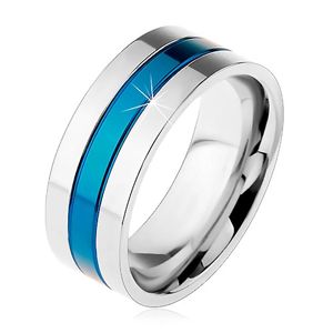 Prsten z oceli 316L, modrý středový pás, okraje stříbrné barvy, zářezy, 8 mm - Velikost: 62
