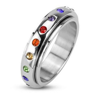 Prsten z oceli 316L, otočná obruč s barevnými kamínky - Velikost: 67