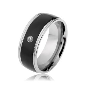 Prsten z oceli 316L, pásy stříbrné a černé barvy, čirý zirkonek - Velikost: 62