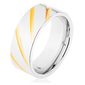 Prsten z oceli 316L, povrch stříbrné barvy, šikmé rýhy ve zlatém odstínu - Velikost: 58