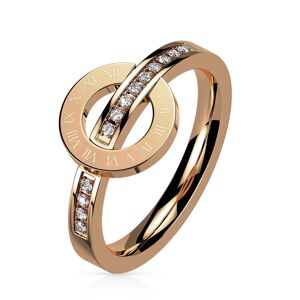 Prsten z oceli 316L růžové zlato - kruh s římskými číslicemi, kubické zirkony - Velikost: 52