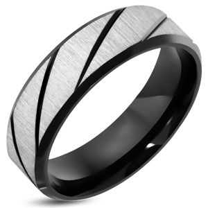 Prsten z oceli 316L s broušeným povrchem, černé diagonální pásy, 7 mm - Velikost: 54