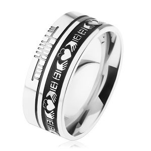 Prsten z oceli 316L, stříbrná barva, černý pruh, ornamenty, 8 mm - Velikost: 65