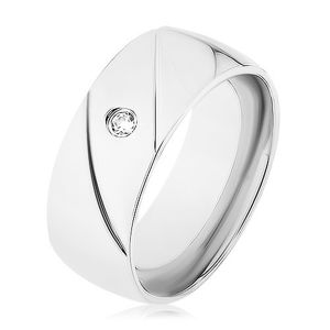 Prsten z oceli 316L, stříbrná barva, dva diagonální zářezy, čirý zirkonek - Velikost: 69